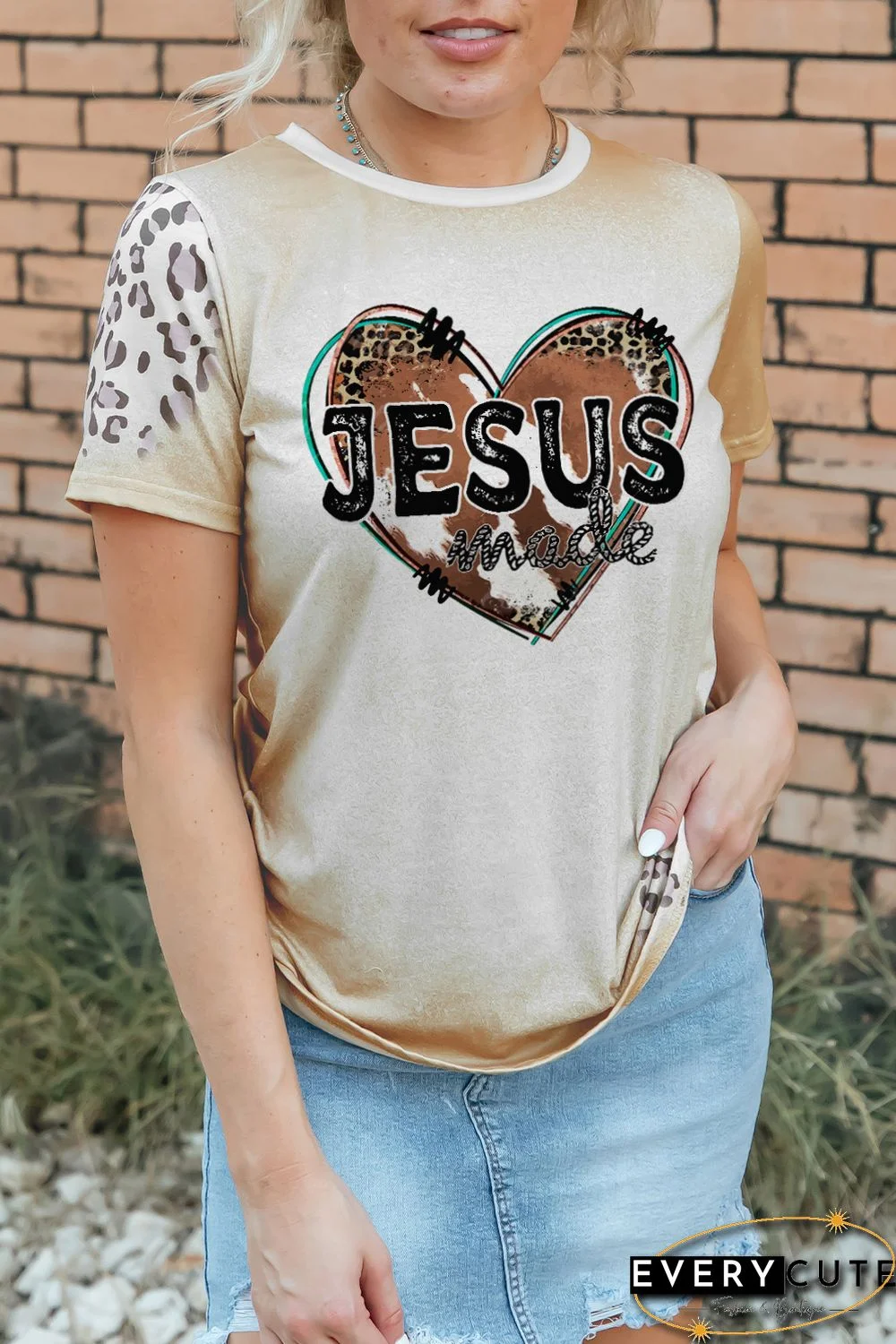 Khaki Jesus Heart Graphic Print Bleached Valentines T Shirt