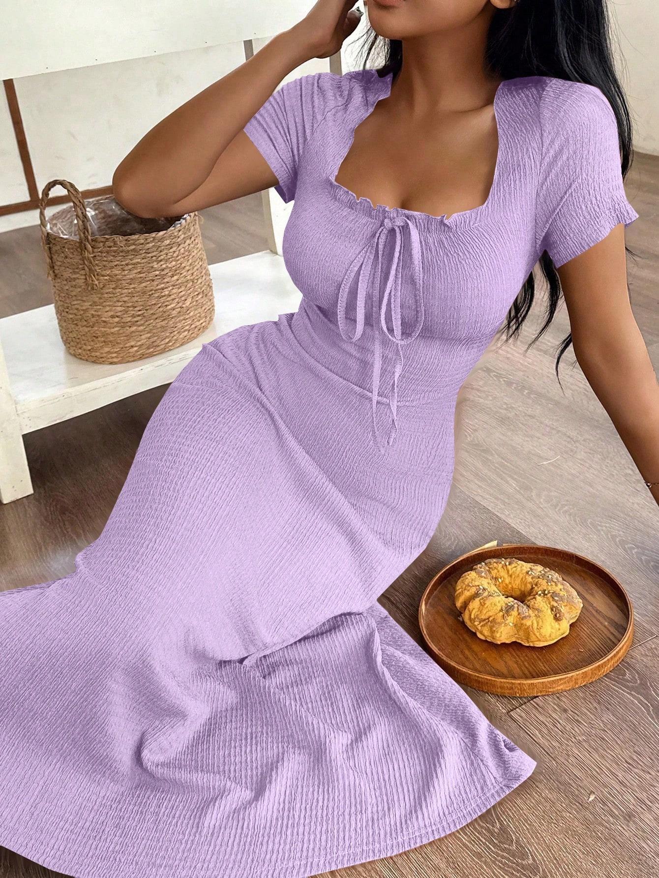 Women's Casual Solid Color Jacquard Gathered Ruffle Trim Square Neck Maxi Loungewear Dress Brown Dress Lounge Dress Summer Dress Tie Front Dress Midi Dress
