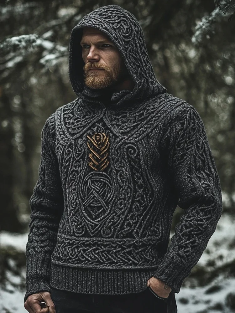 VChics Men's Vintage Viking Inspired Celtic Jacquard Hooded Sweater