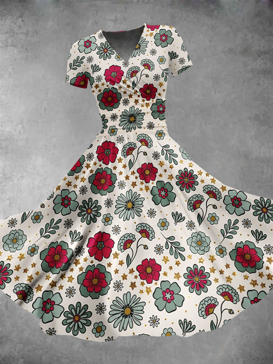 Women's Vintage Flower Art Print Maxi Dress