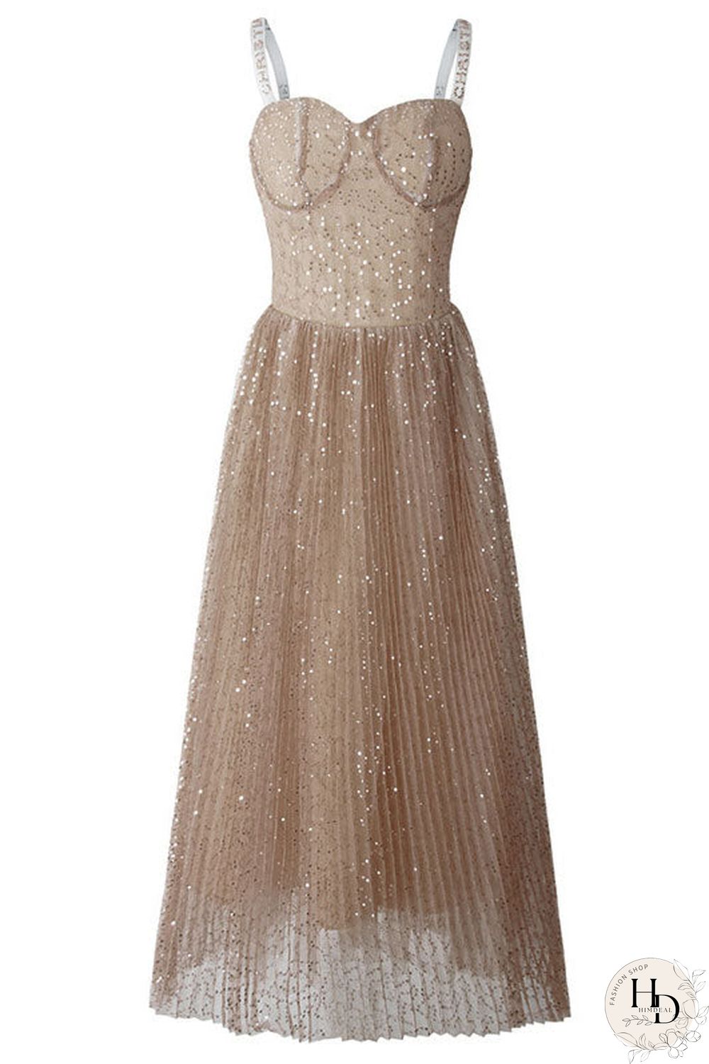 Sparkly Champagne Spaghetti Straps Sequin Dress