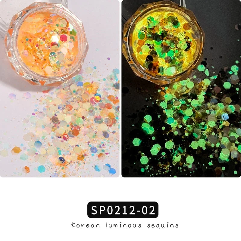 1 Box Luminous Nail Glitter Neon Hexagon Fluorescent Flake Glow in the Dark Sequin Nails Art Decorations Manicure Accessories-Nail Inspo