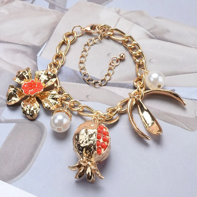 Metal Exaggerated Fruit Flower Pomegranate Leaf Pearl Pendant Necklace