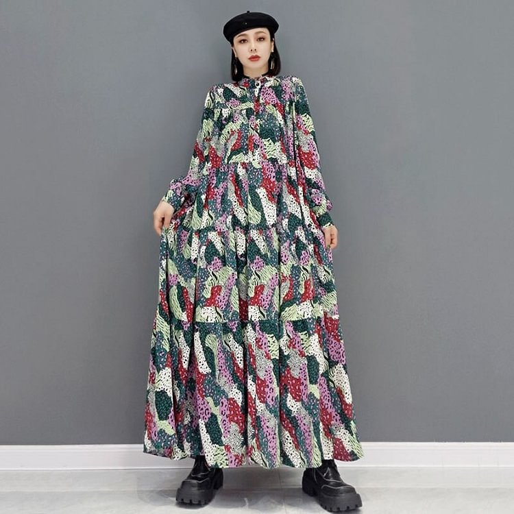 Ethnic Loose Stand Collar Long Sleeve Dress