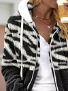 Casual Zipper Hoodie Color Block Zebra Teddy Jacket