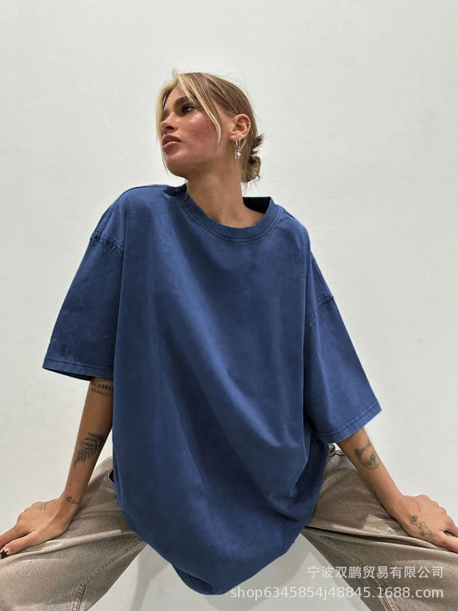 Athvotar Athvotar Simple Wind Loose Water Wash Old Cotton T-Shirt Women Summer Color Loose 260G Cotton Short-Sleeved Top Woman