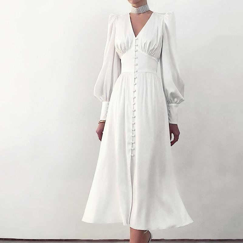 New Satin Dress Women's Design with Lantern Sleeves and Slim Waist - VSMEE