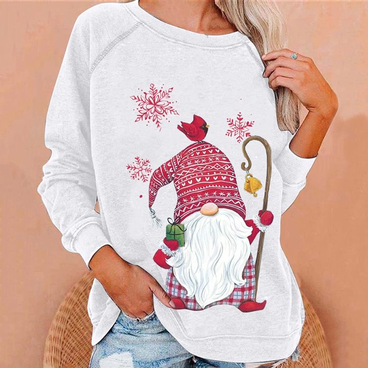 Ladies Winter Autumn Christmas Faceless dwarf Print Top Elegant Loose Long Sleeve O-neck Thin Pullover T-shirt Women's Blouse