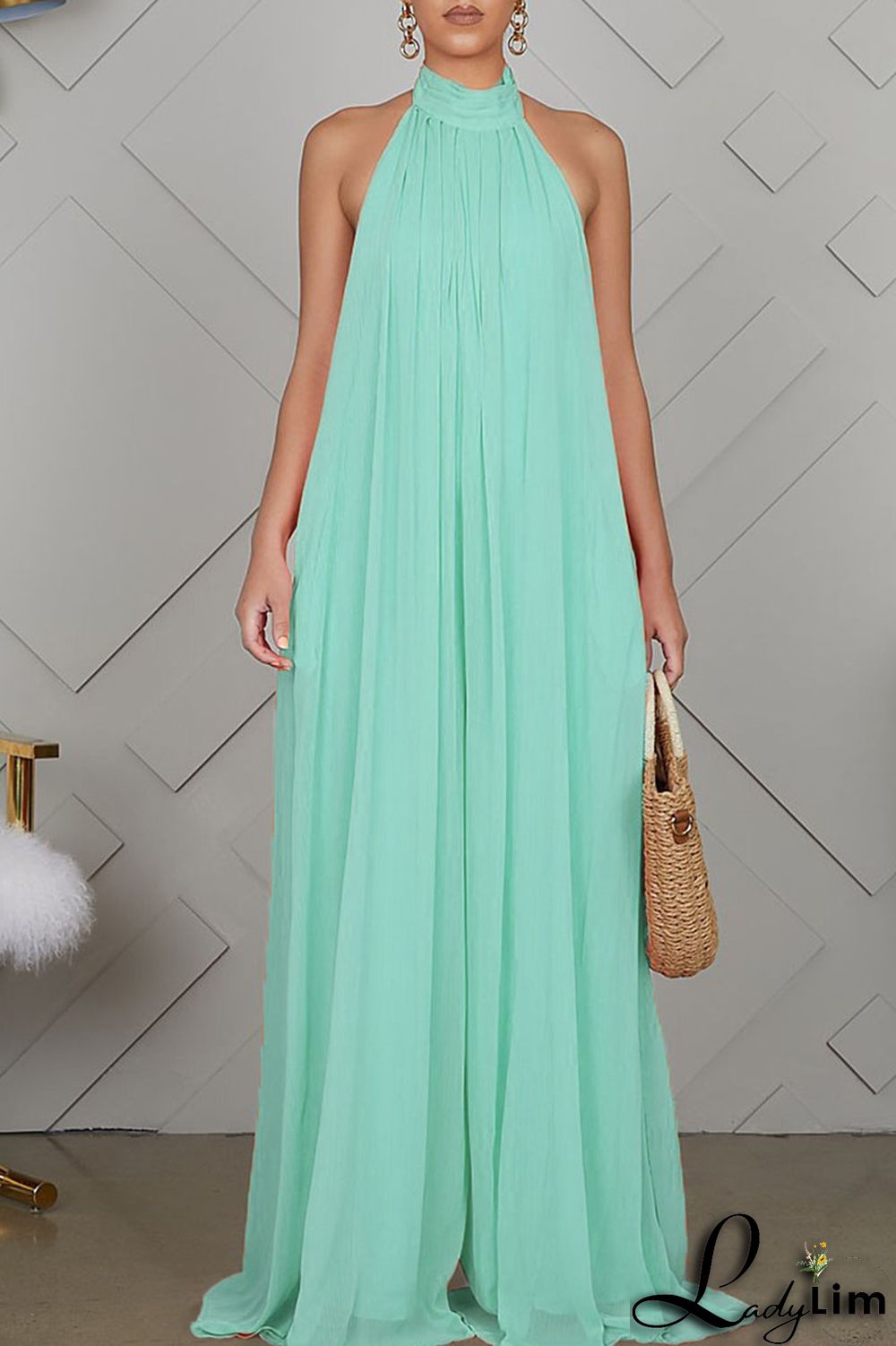 Yellow Elegant Solid Patchwork Backless Halter Straight Jumpsuits