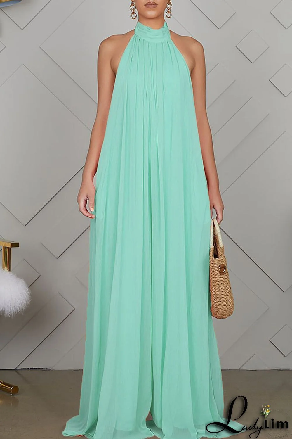 Yellow Elegant Solid Patchwork Backless Halter Straight Jumpsuits