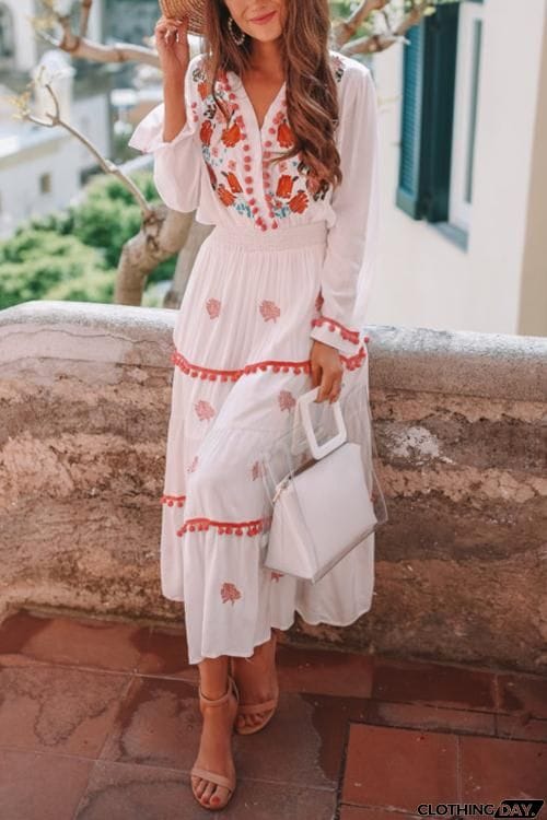 Embroidery Pom Pom Maxi Dress