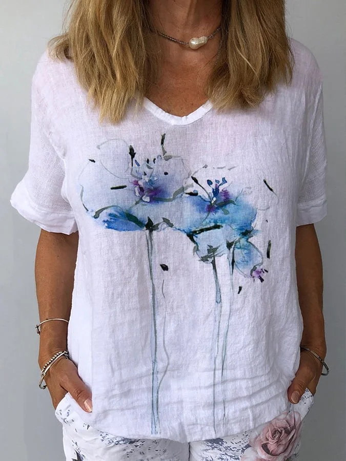 Women's Plant Floral Print Cotton and Linen T-Shirt