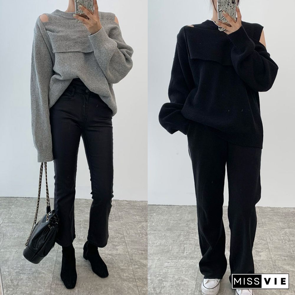 Chic Design Cold Shoulder Pure Color Sweater