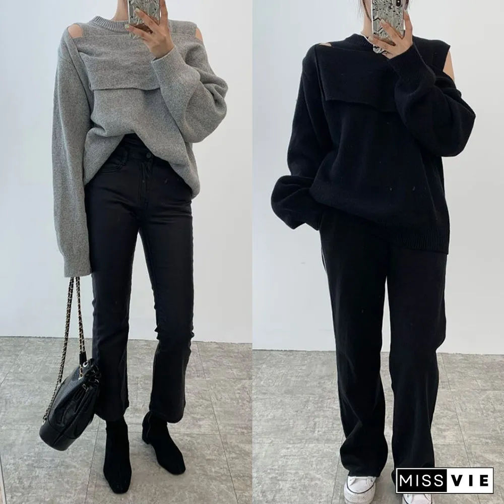 Chic Design Cold Shoulder Pure Color Sweater