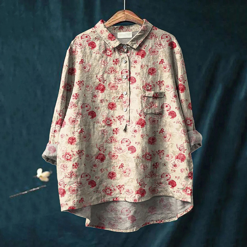 Comstylish Vintage Floral Print Casual Loose Linen Blend Shirt