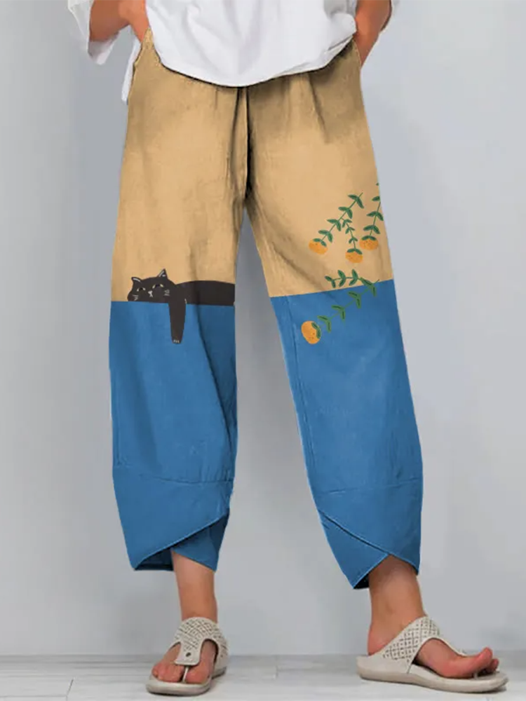 Comstylish Abstract Creative Lazy Black Cat Painting Art Casual Pants