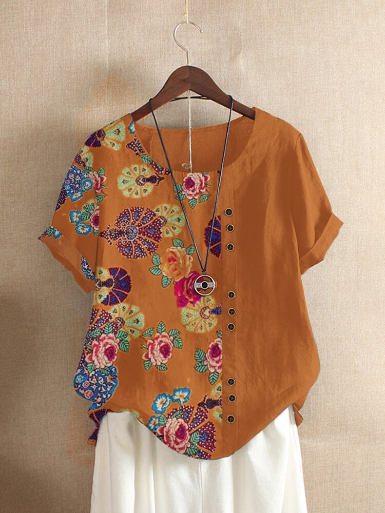 Floral Printed Patchwork O neck Button T shirt P1671268