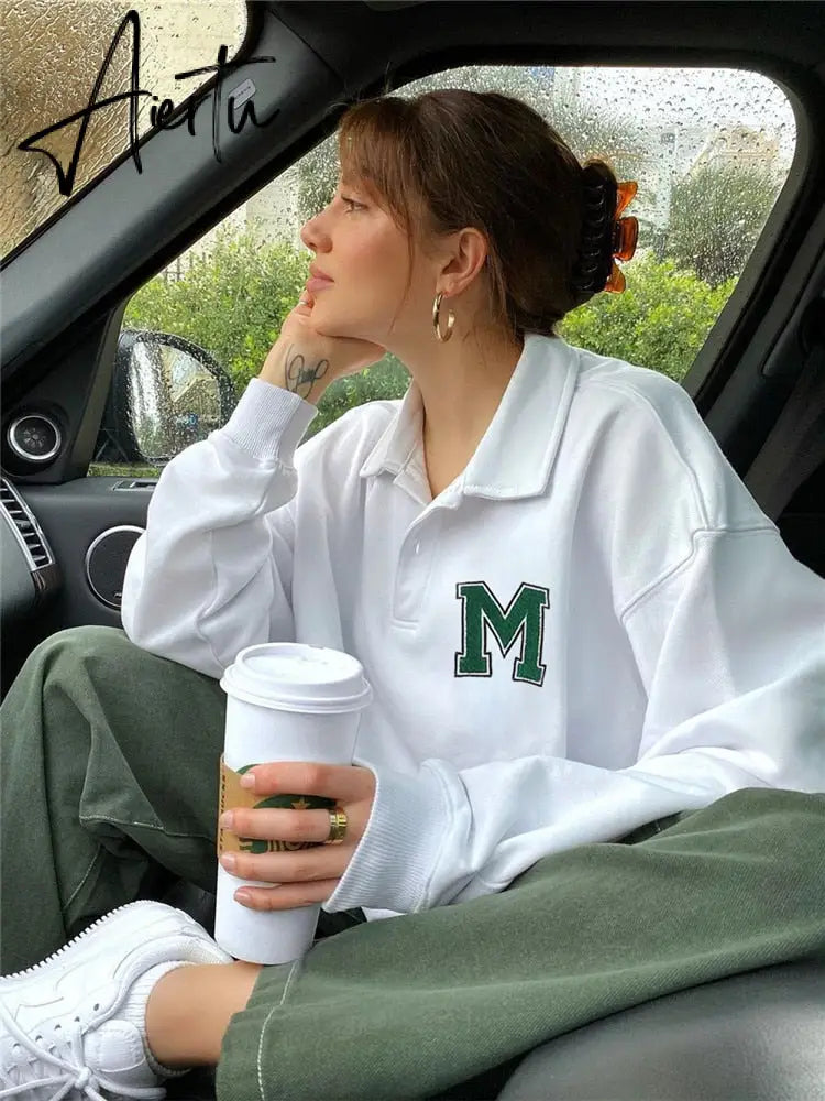 Harajuku White Oversized Sweatshirt Women Korean Fashion Button Turn-down Collar Pullovers Loose Cute Top Clothes Iamhotty Aiertu