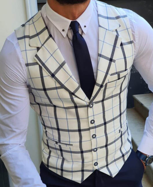 OK Elegant Plaid Print Lapel Collar Single Breasted Blazer Vest