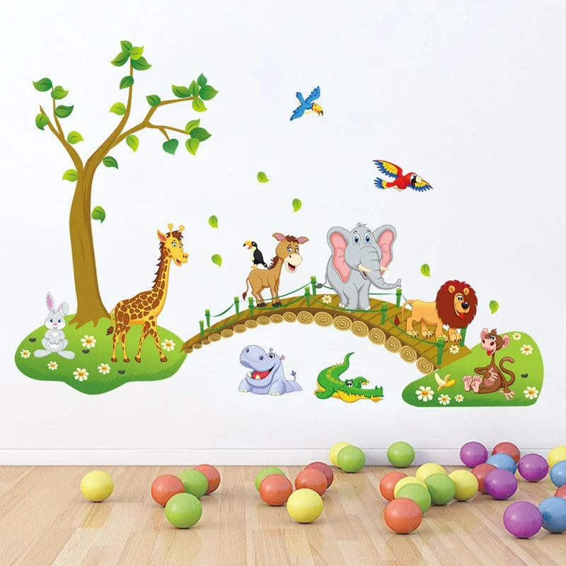 3D Cartoon Wall Stickers Jungle wild animal tree bridge lion Giraffe elephant birds flowers for kids room living room home decor