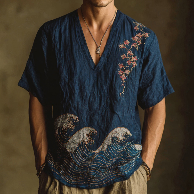 Men's Japanese Waves & Sakura Embroidered Linen Shirt  artssus