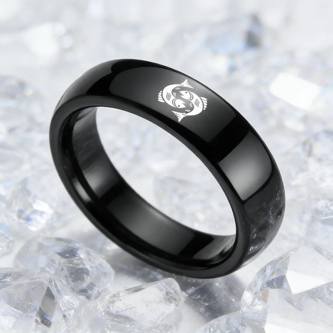4MM 6MM 8MM Black Pisces Tungsten Carbide Rings Prints Laser Design Domed Top Tungsten Wedding Band