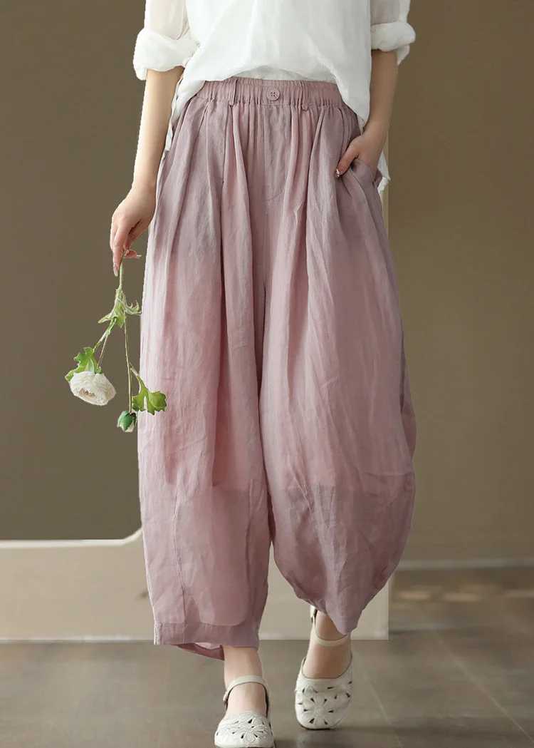 Brief Pink Elastic Waist Wide Solid Ramie Leg Pants Summer