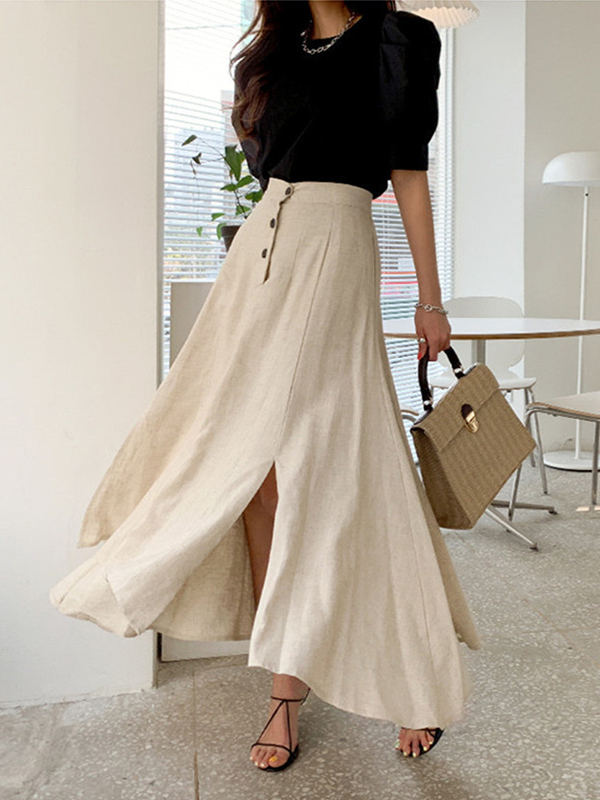 Side Slit High Waist Casual Linen Midi Skirt