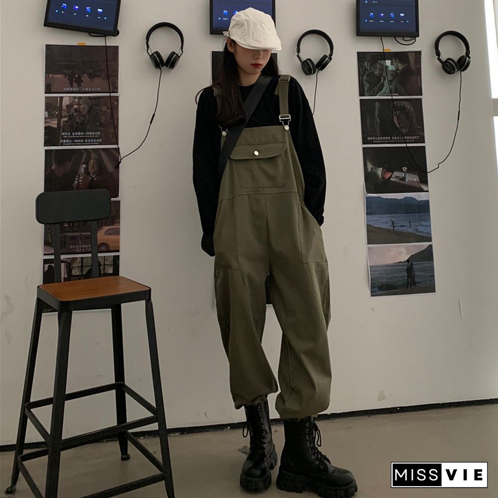 Cool Loose Pure Color Shirt Overalls Set