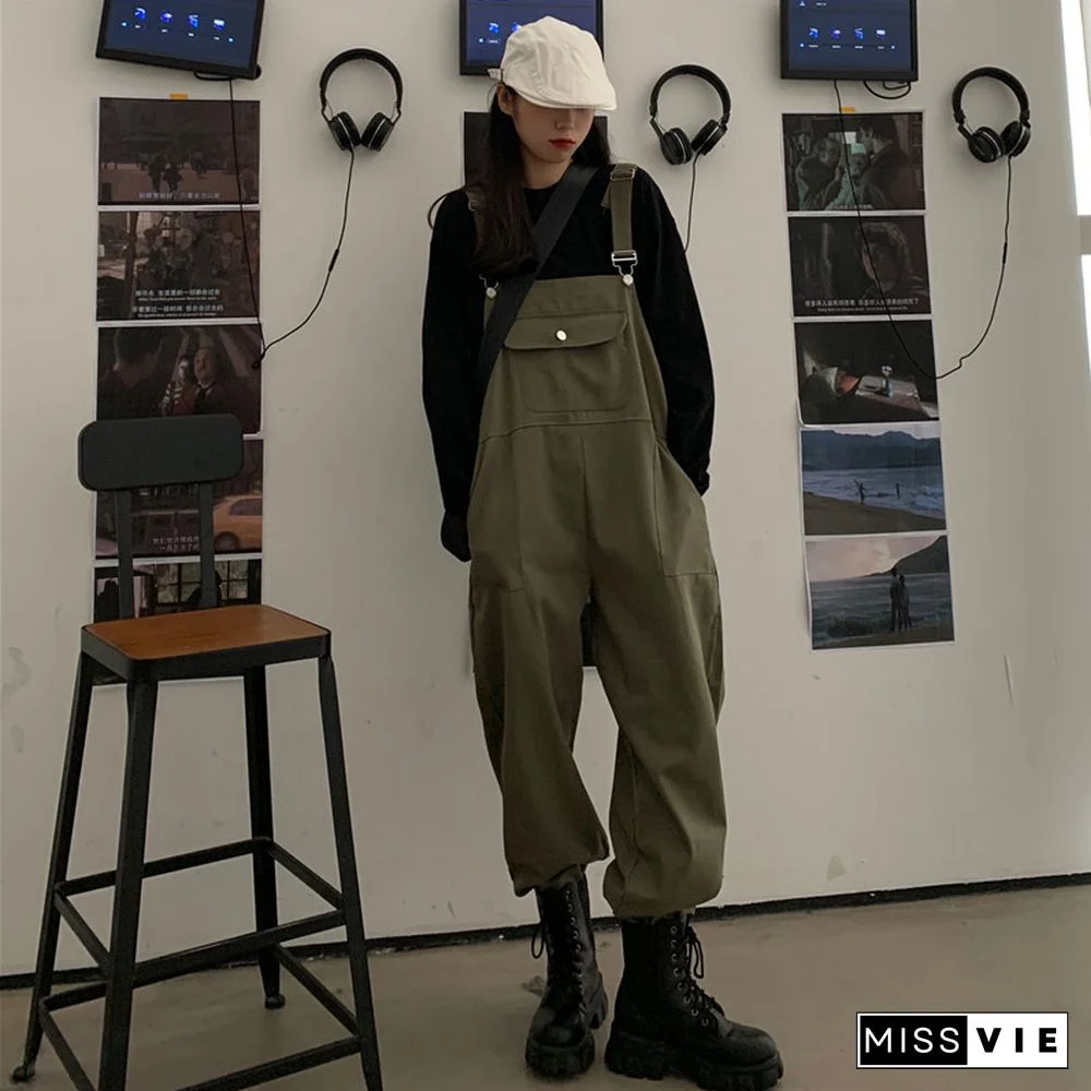 Cool Loose Pure Color Shirt Overalls Set