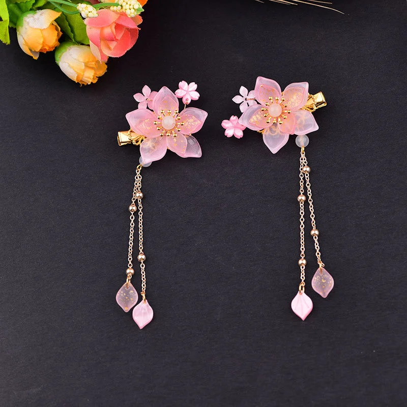Vintage Cherry Blossoms Pink Flower Chinese Hanfu Hair Clips