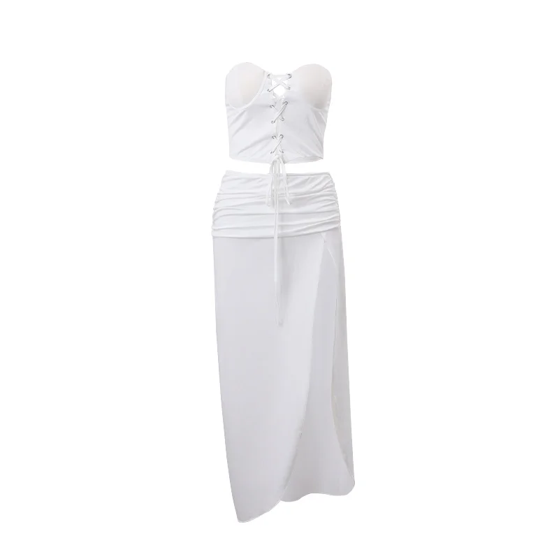 Uveng Uveng Summer New Sexy Crop Wrapped Chest Strap Vest Pleated Low Waist Slit Skirt Suit