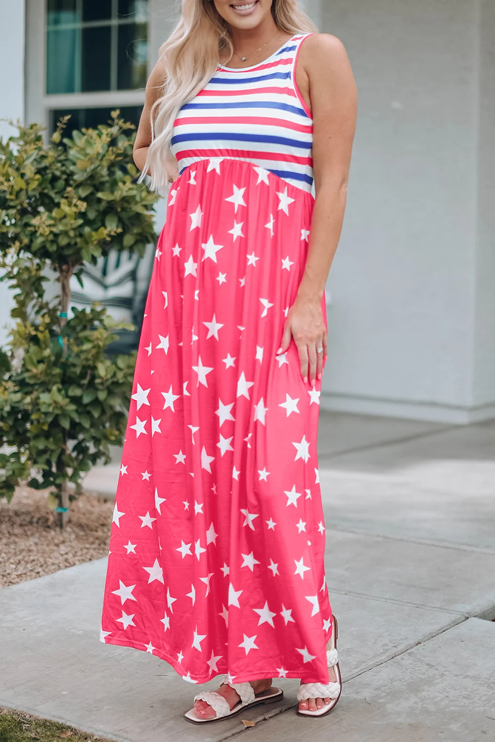 Red Stripes and Stars Sleeveless Maxi Dress with Pockets | IFYHOME