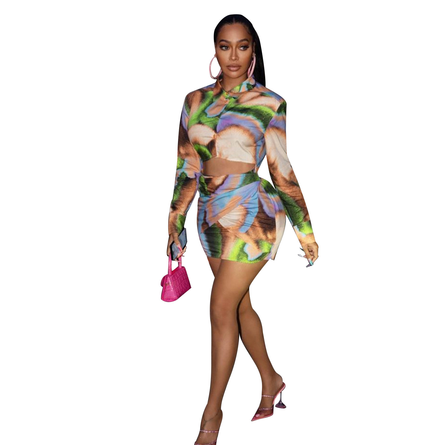 Luckrushonline fancy dresses long Sexy Summer Women Clothing Hollow Out Print Long Sleeve Short Dress Contrast Color Geometric Pattern Trendy Milk Silk Fabric