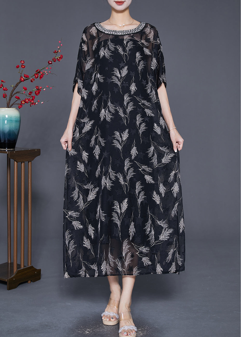 VCSHOES Loose Black Print Zircon Draping Chiffon Two Pieces Set Summer