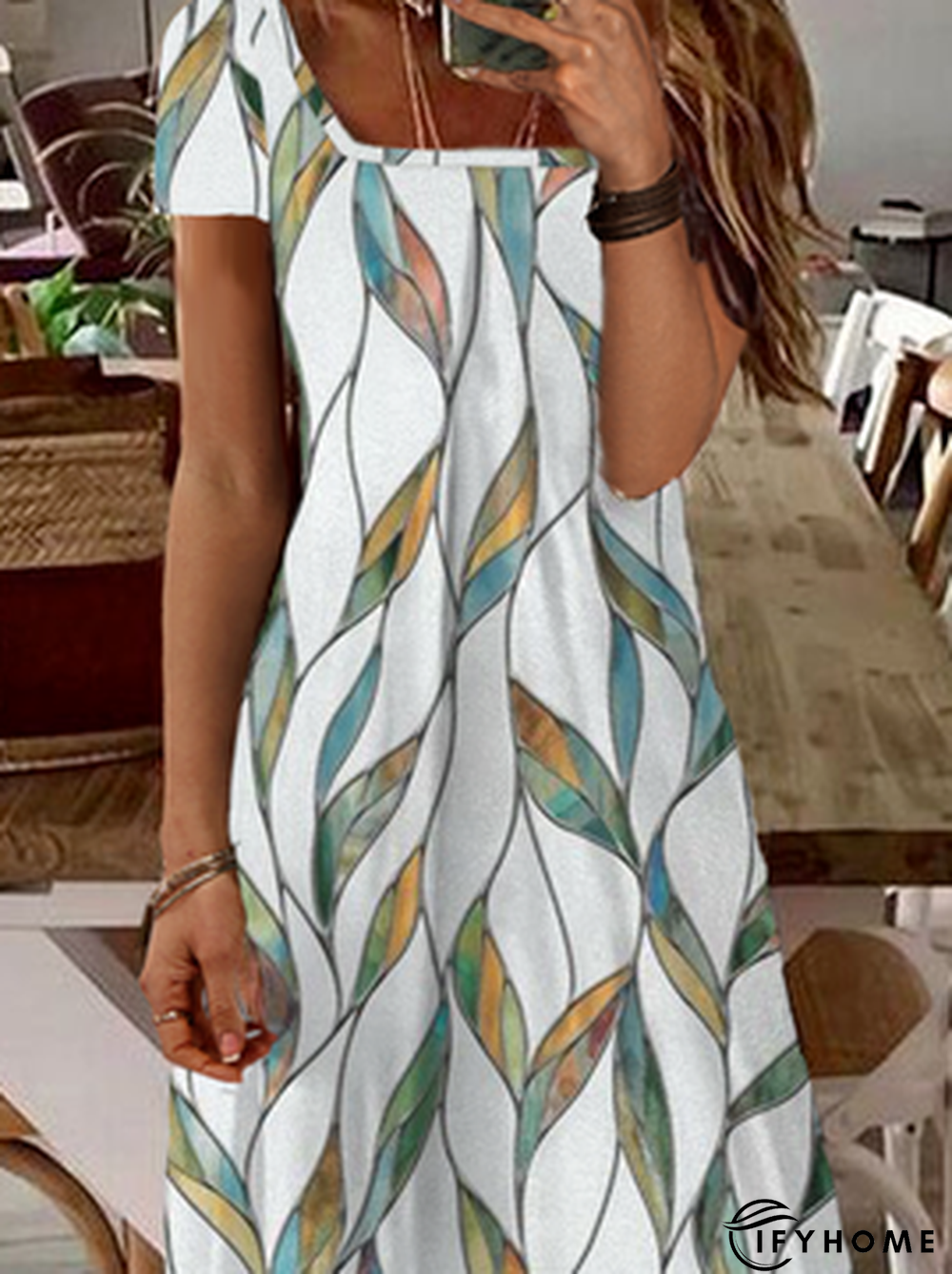 Printed Casual Square Neck Short Sleeve Dress | IFYHOME
