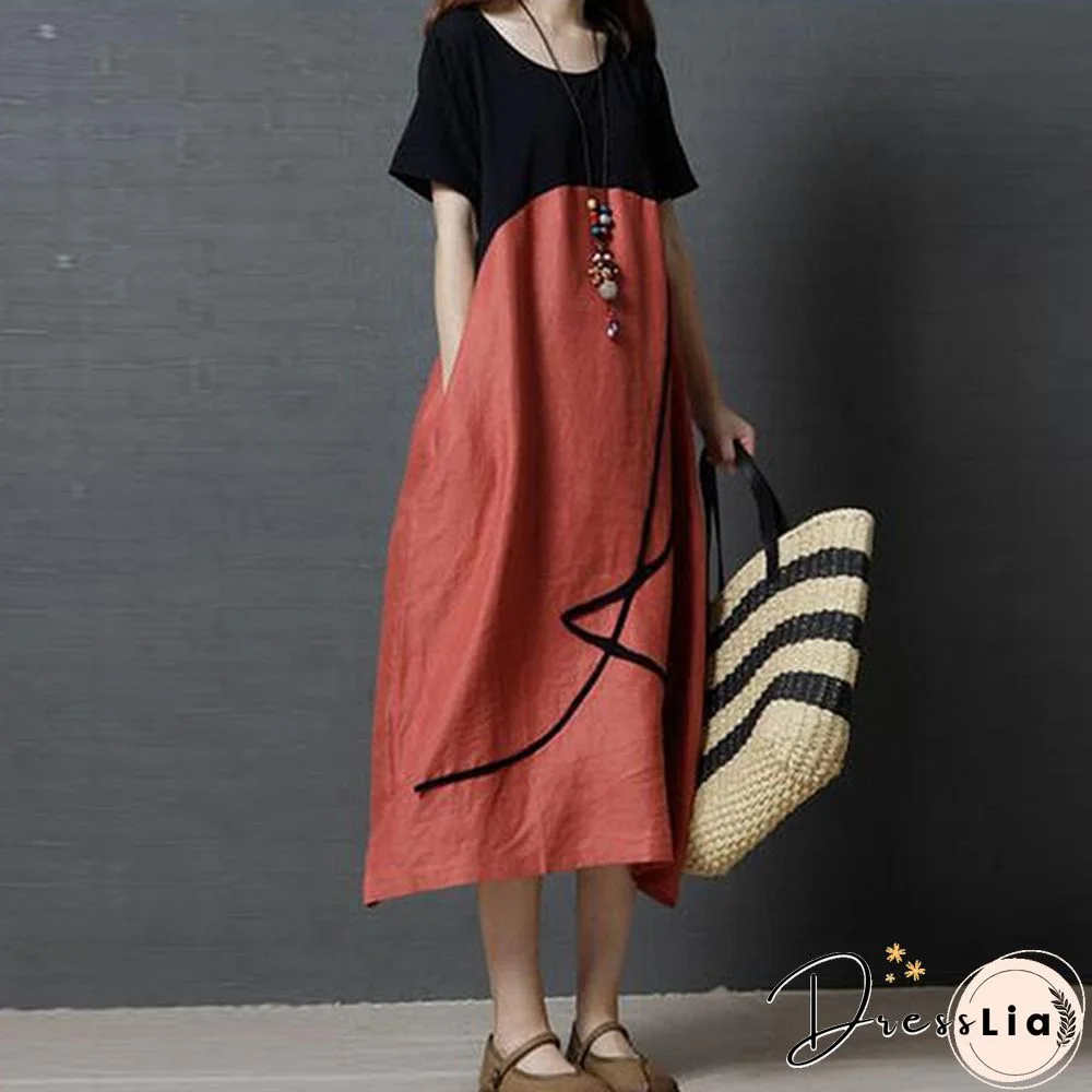 Boho Vintage Women Pullover Loose Patchwork Maxi Long Dress Casual Baggy Vestidos Robes