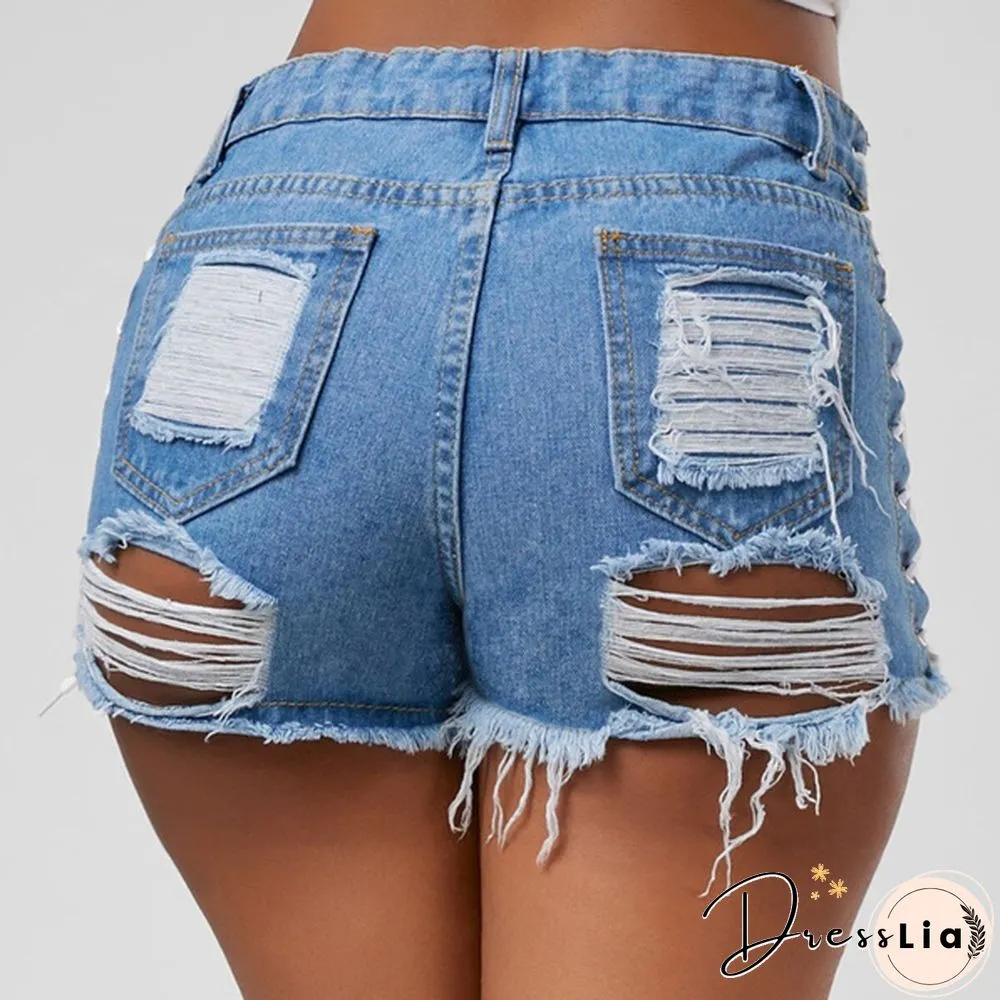 Summer Womens Denim Shorts-New Black Blue High Waists Ripped Shorts Jeans Tassel Lace