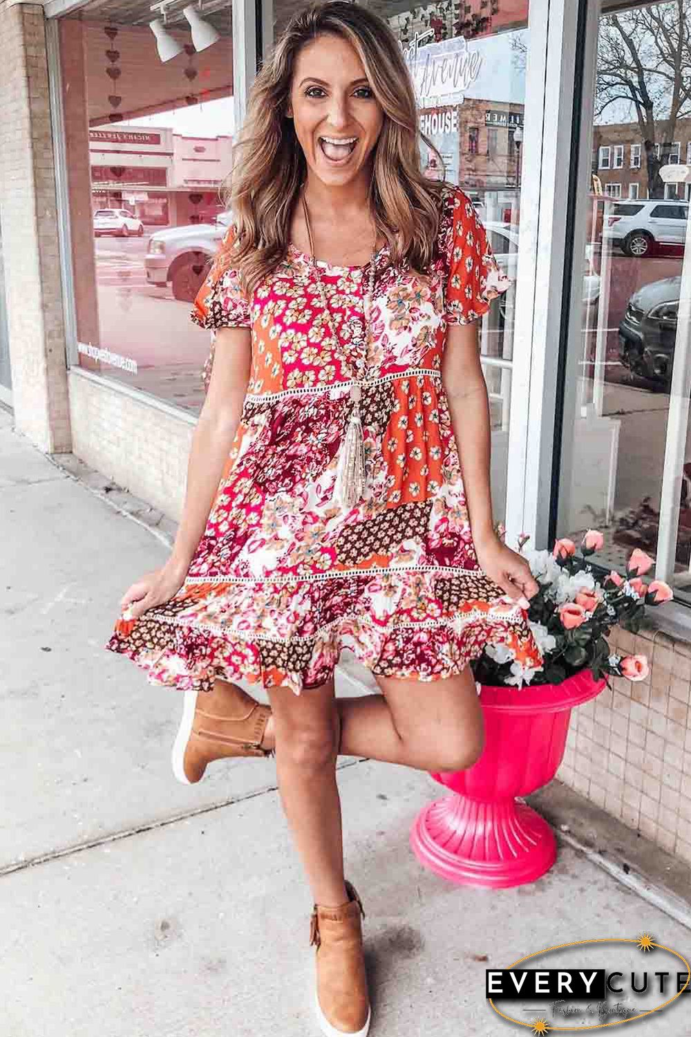 Multicolor Vintage Boho Print Short Sleeve Shift Dress
