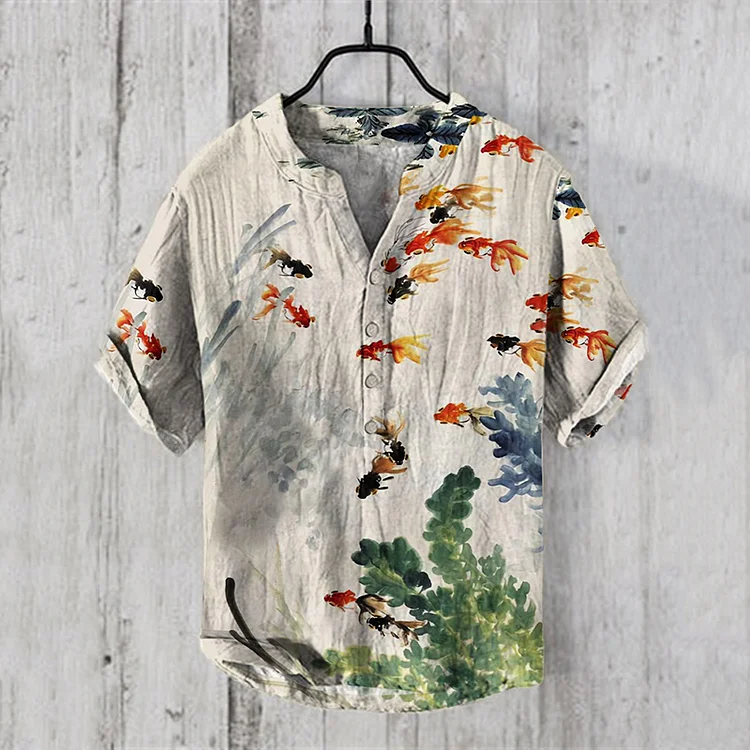 Comstylish Japanese Ink Painting Of Watercolor Fish Art Linen Blend Cozy Shirt