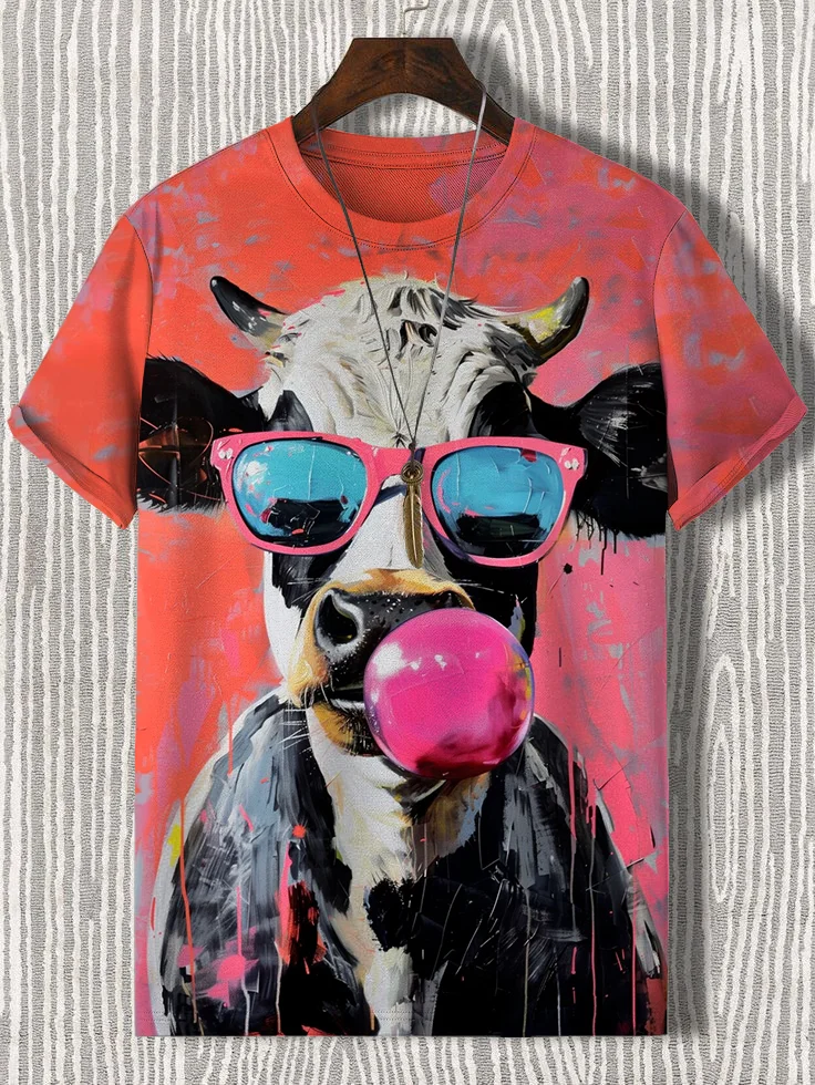 Men's Cow and Bubble Gum Oil Painting Art Print Casual T-Shirt