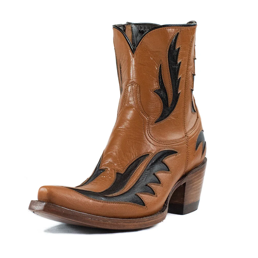Brown Snip Toe Black Inlay Stacked Heel Zipper Short Cowgirl Boots