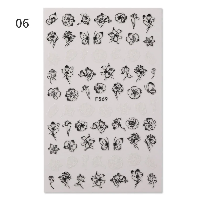 1 Sheet Flower Leaf Tree Green 3D Bronzing Nail Art Stickers Black White Sliders Summer DIY Decals for Nail Art Decoration
