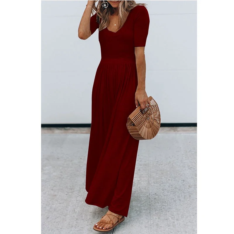 Women's New Round Neck Short Sleeve Long Jumpsuit
