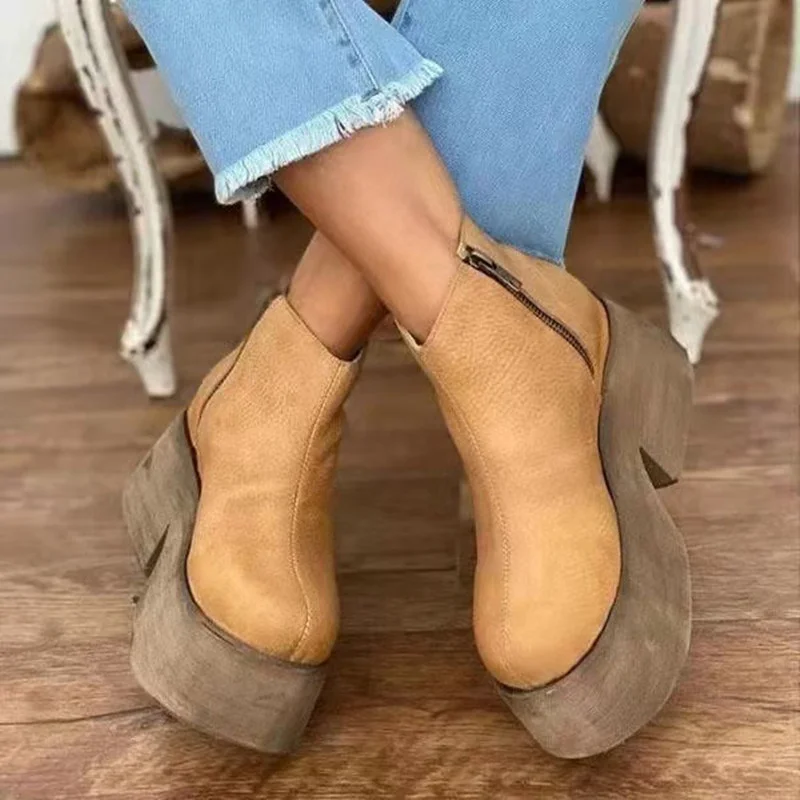 Solid color low heel ankle boots