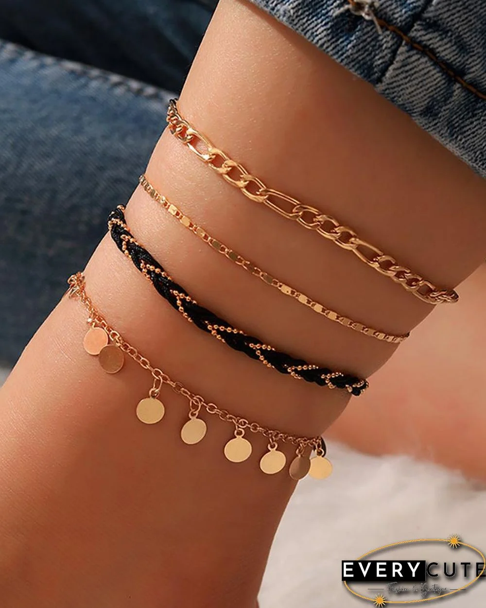 4PCS Braided Metal Decor Disc Chain Anklet