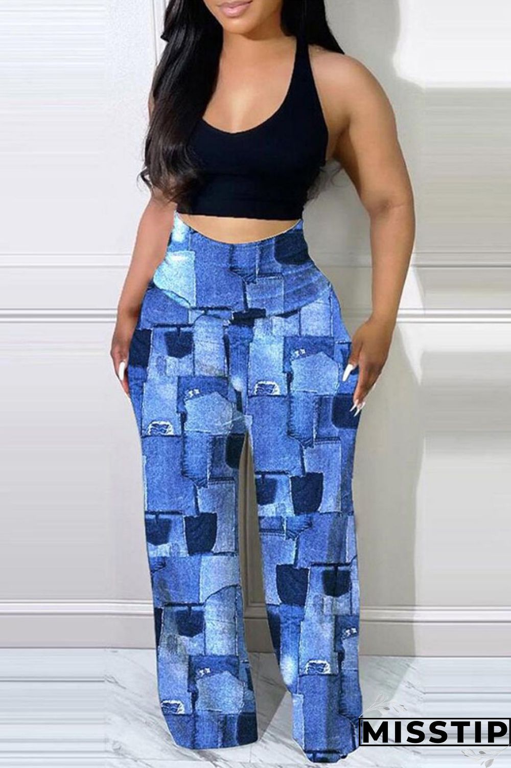 Blue Sexy Casual Print Patchwork U Neck Sleeveless Two Pieces