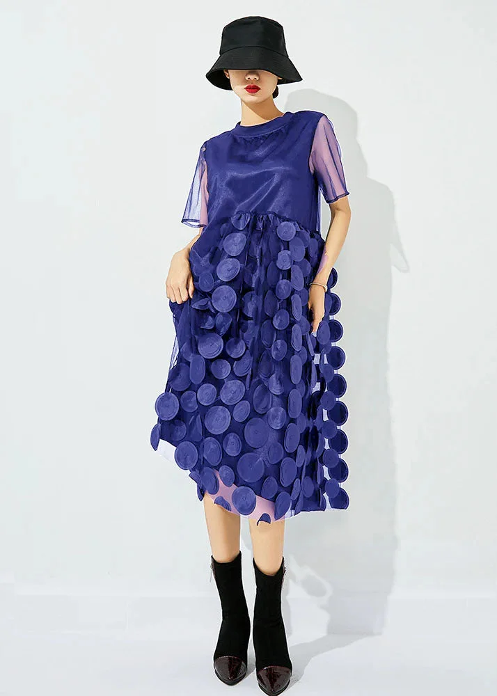 4.29Women Blue O-Neck Patchwork Dot Tulle Holiday Dress Summer