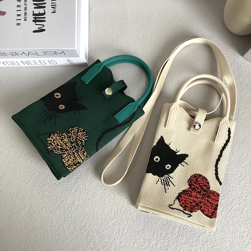 Niche Design Cute Cat Mini Knitted Phone Bag Women's Portable Knitted Shoulder Crossbody Bag Small Square Bag