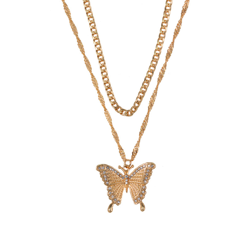 

Butterfly Pendant Choker Necklace Women Two Layer Rhinestone Chunky Chain, 501 Original